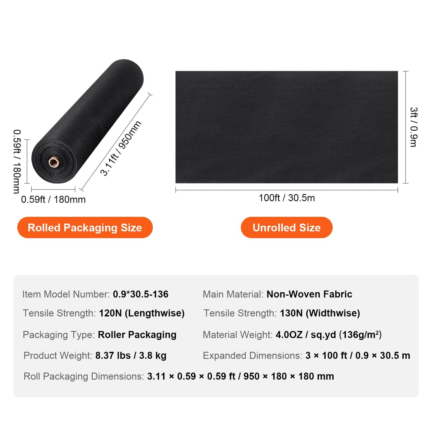 Uppfartstyg, 3x100FT non-woven geotextil för landskapsarkitektur, kraftig ogräsbarriärtyg för trädgårdar, 4OZ landskapstyg, dräneringstyg för franska avlopp, marktäckande ogräsbekämpningstyg