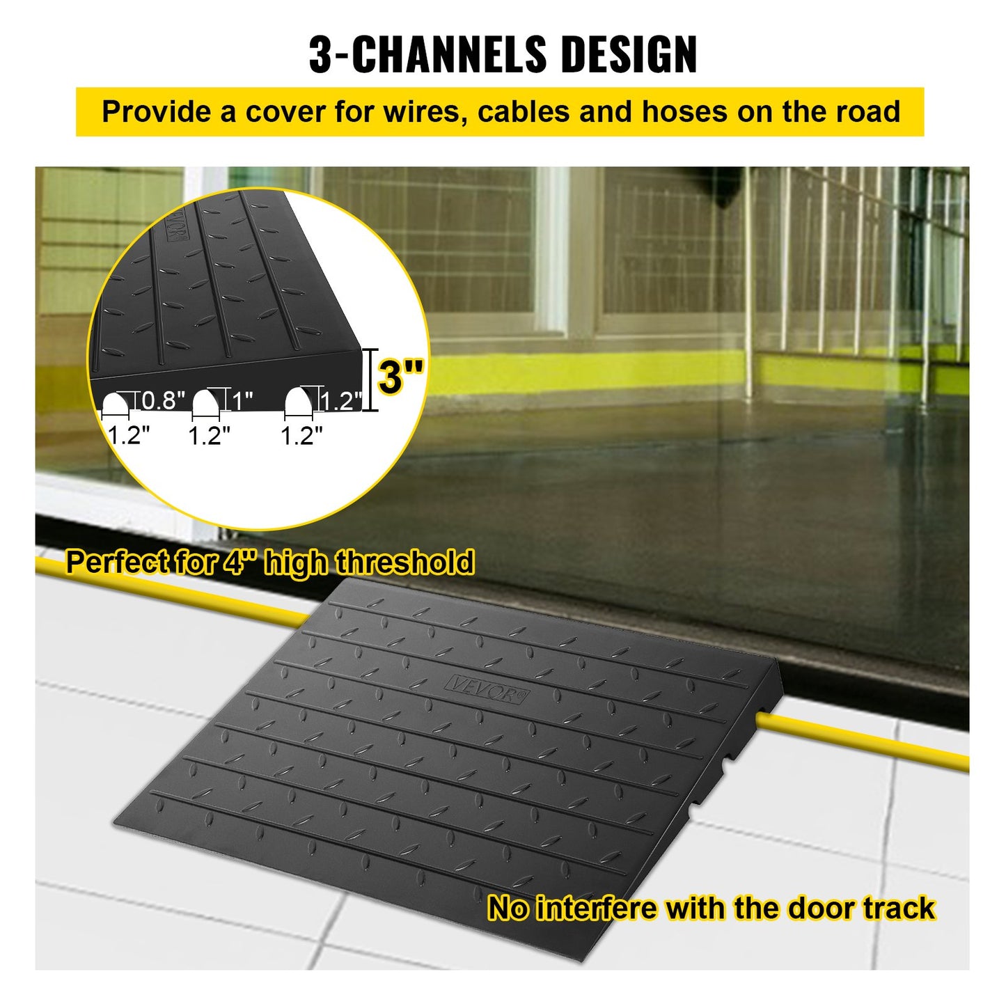 Rubber Threshold Ramp, 3" Rise Threshold Ramp Doorway, 3 Channels Cord Cover Rubber Solid Threshold Ramp, Rubber Angled Entry Rated 2200 Lbs Load Capacity for Wheelchair and Scooter