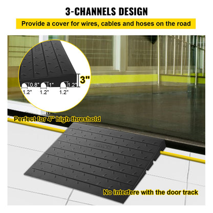 Rubber Threshold Ramp, 3" Rise Threshold Ramp Doorway, 3 Channels Cord Cover Rubber Solid Threshold Ramp, Rubber Angled Entry Rated 2200 Lbs Load Capacity for Wheelchair and Scooter