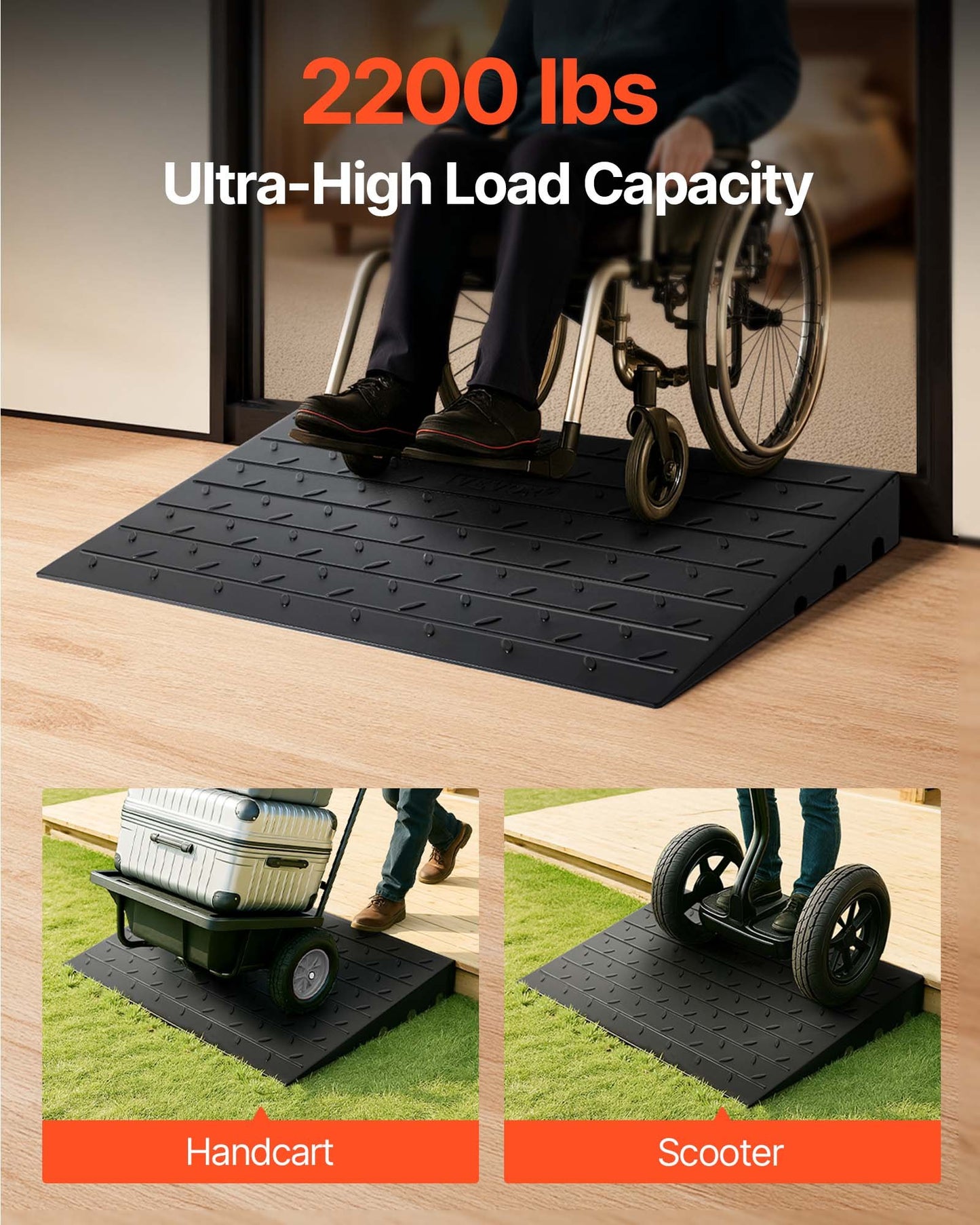 Rubber Threshold Ramp, 4\" Rise Threshold Ramp Doorway, 3 Channels Cord Cover Rubber Solid Threshold Ramp, Rubber Angled Entry Rated 2200 Lbs Load Capacity for Wheelchair and Scooter