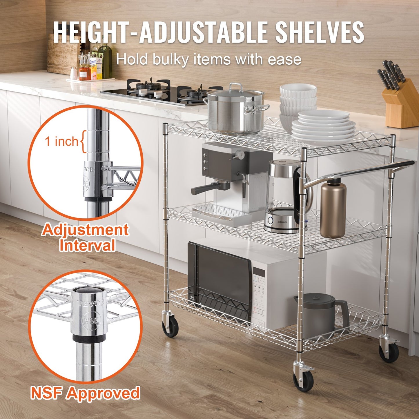 Kitchen Utility Cart, 3 Tiers, Wire Rolling Cart with 661LBS Capacity, Steel Service Cart on Wheels, Metal Storage Trolley with 80mm Deep Basket Curved Handle 6 Hooks, for Indoor and Outdoor Use
