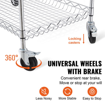 Kitchen Utility Cart, 3 Tiers, Wire Rolling Cart with 661LBS Capacity, Steel Service Cart on Wheels, Metal Storage Trolley with 80mm Deep Basket Curved Handle 6 Hooks, for Indoor and Outdoor Use