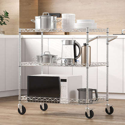 Kitchen Utility Cart, 3 Tiers, Wire Rolling Cart with 661LBS Capacity, Steel Service Cart on Wheels, Metal Storage Trolley with 80mm Deep Basket Curved Handle 6 Hooks, for Indoor and Outdoor Use