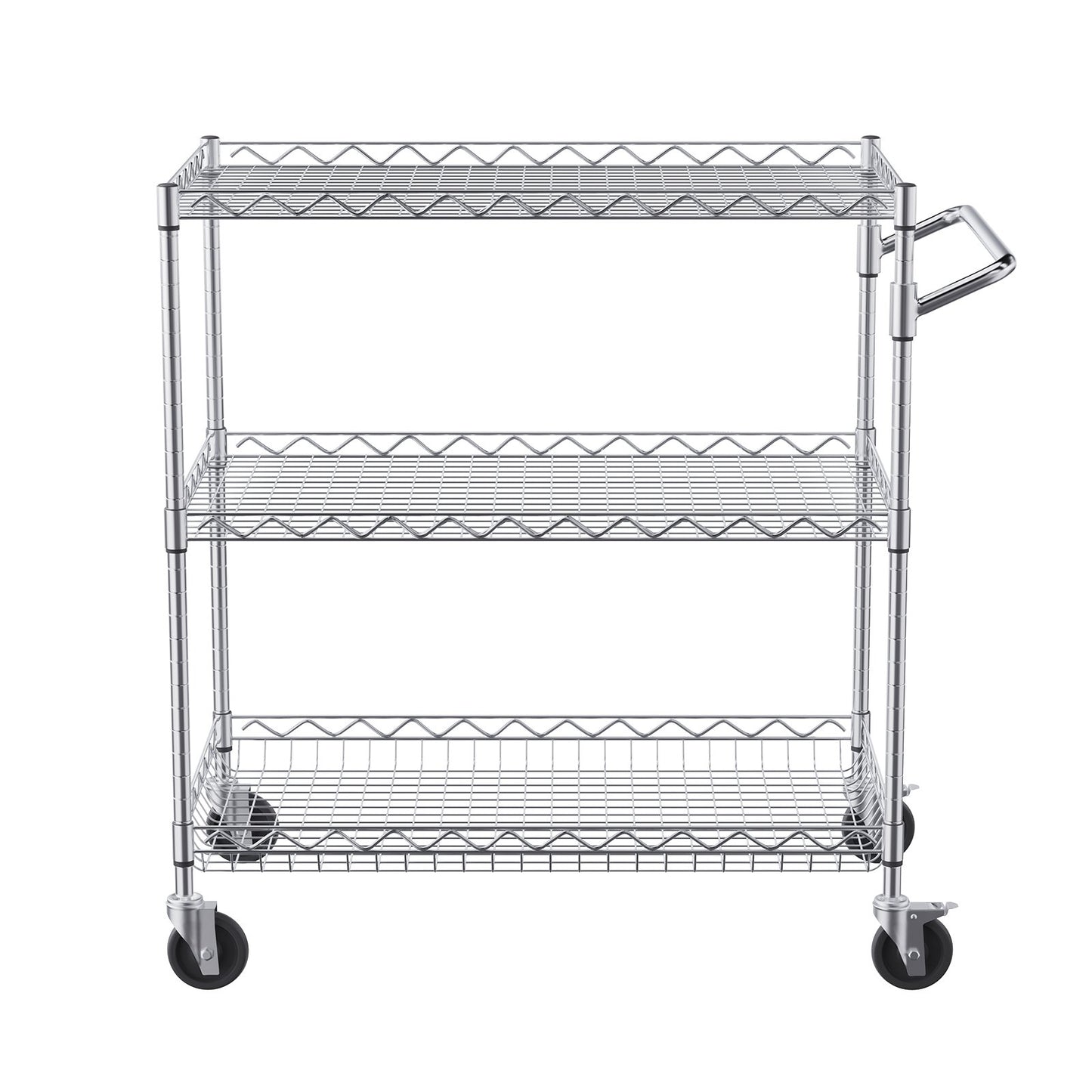 Kitchen Utility Cart, 3 Tiers, Wire Rolling Cart with 661LBS Capacity, Steel Service Cart on Wheels, Metal Storage Trolley with 80mm Deep Basket Curved Handle 6 Hooks, for Indoor and Outdoor Use