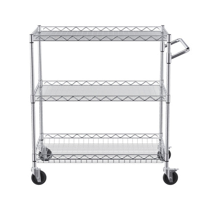 Kitchen Utility Cart, 3 Tiers, Wire Rolling Cart with 661LBS Capacity, Steel Service Cart on Wheels, Metal Storage Trolley with 80mm Deep Basket Curved Handle 6 Hooks, for Indoor and Outdoor Use