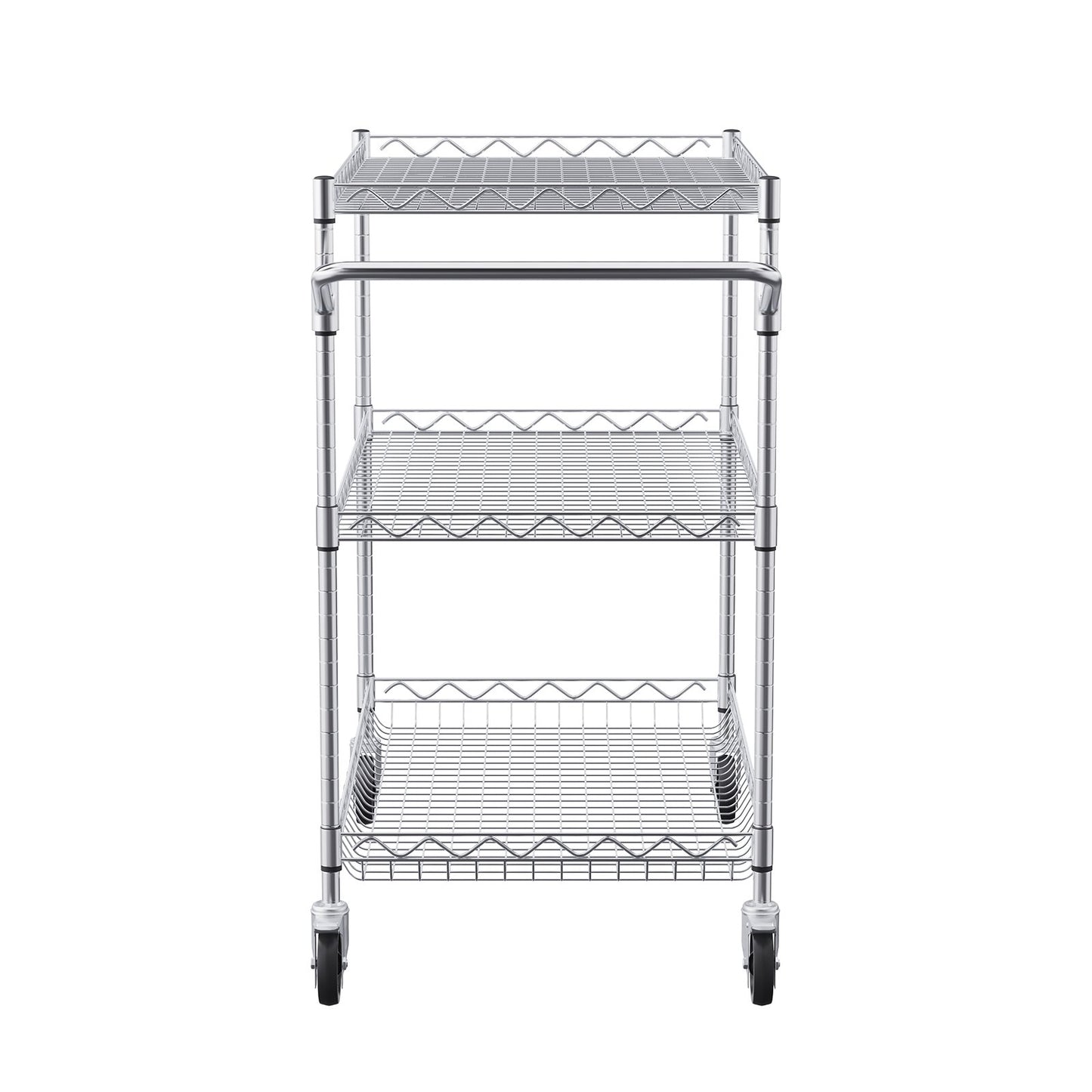 Kitchen Utility Cart, 3 Tiers, Wire Rolling Cart with 661LBS Capacity, Steel Service Cart on Wheels, Metal Storage Trolley with 80mm Deep Basket Curved Handle 6 Hooks, for Indoor and Outdoor Use
