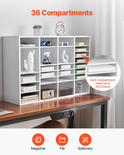 Literature Organizer, 36 Compartments Office Mailbox with Adjustable Shelves, Wooden Mailbox Sorter Medium Density Fiberboard Office Home Classroom Storage for Files, Documents, Papers, White