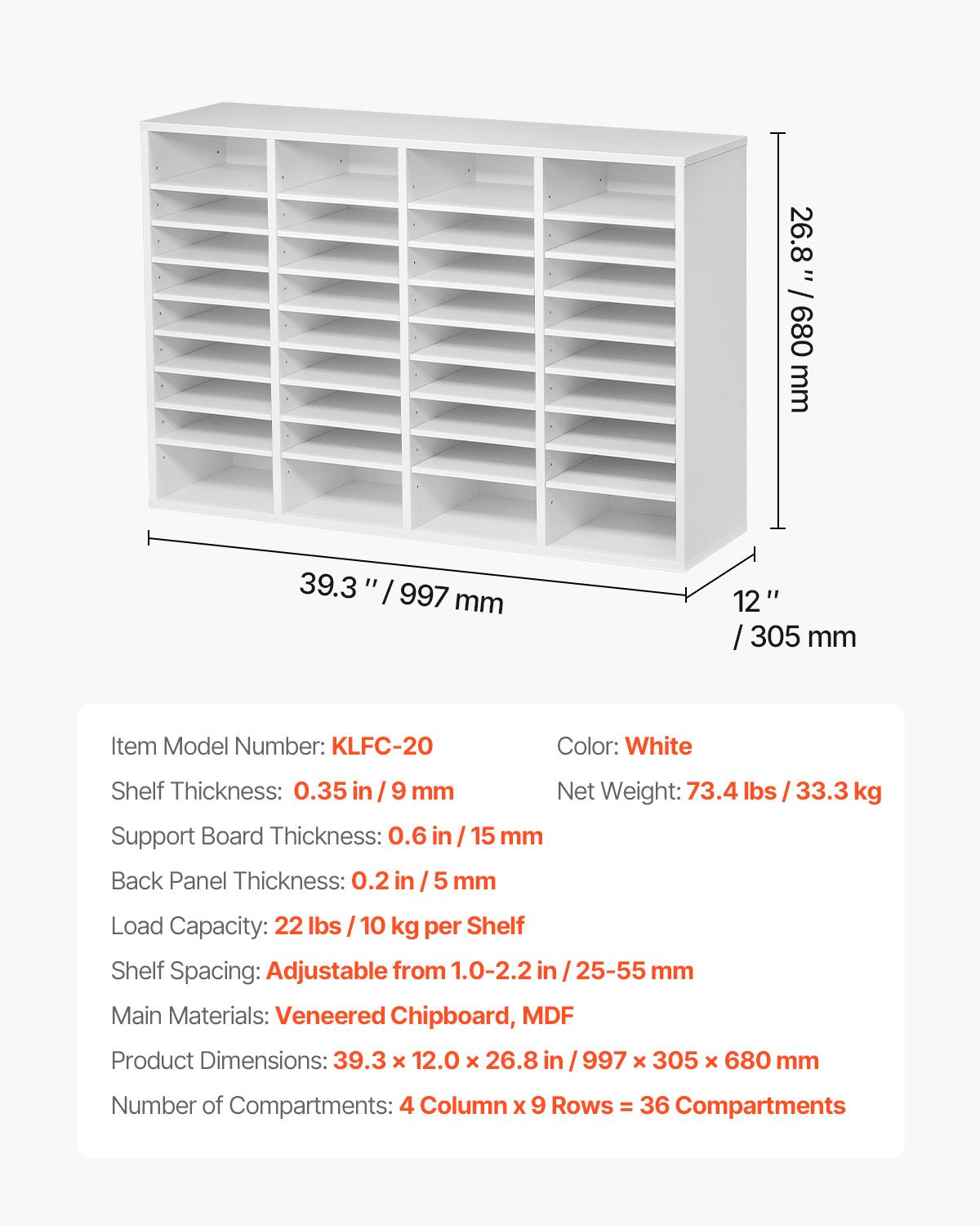 Literature Organizer, 36 Compartments Office Mailbox with Adjustable Shelves, Wooden Mailbox Sorter Medium Density Fiberboard Office Home Classroom Storage for Files, Documents, Papers, White