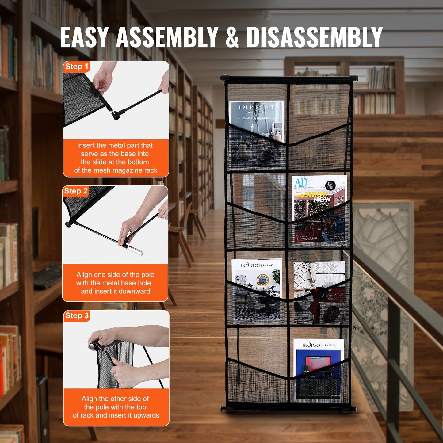 Broschyrställ, 4-våningar med 8 fickor i nät, litteraturhållare, golvstående tidskrifts- och katalogställ, lätt och bärbar med bärväska för butiks- och utställningskontor