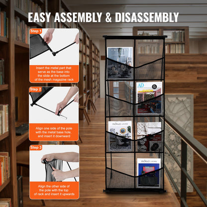 Broschyrställ, 4-våningar med 8 fickor i nät, litteraturhållare, golvstående tidskrifts- och katalogställ, lätt och bärbar med bärväska för butiks- och utställningskontor