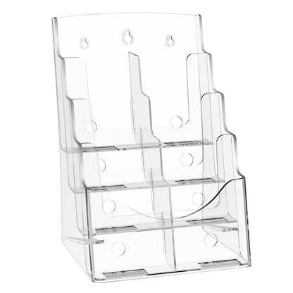 Broschyrhållare i akryl, 20 x 28 cm, 4-våningars transparent akrylmaterialdisplayställ, plastmaterialorganisatör och avtagbar avdelare för kontorsutställning, bänk- eller väggmontering