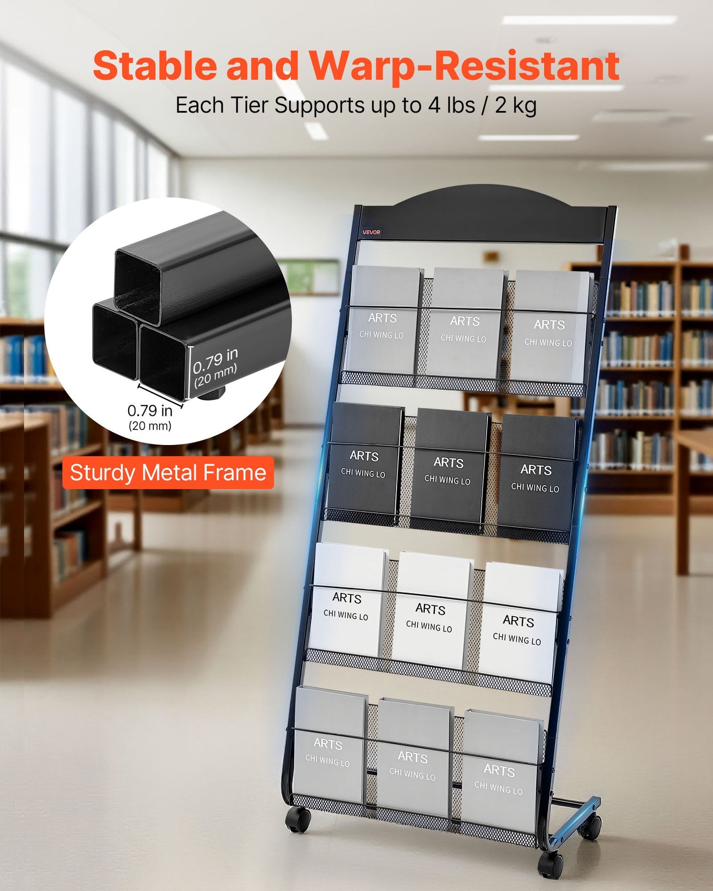 Brochure Display Rack, 4-Tier Magazine Literature Display Stand with Wheels, Movable Floor Standing Magazine Rack, Heavy Duty Newspaper Catalog Holders for Shop Exhibitions Office Craft Fairs