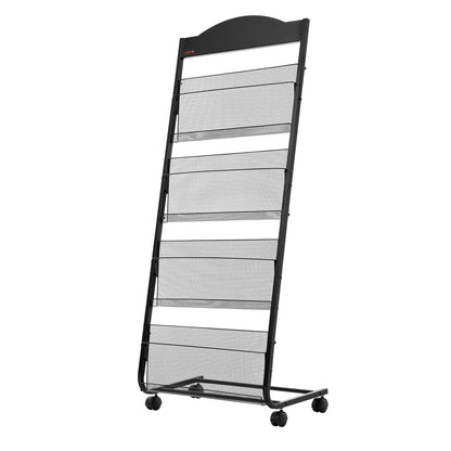 Brochure Display Rack, 4-Tier Magazine Literature Display Stand with Wheels, Movable Floor Standing Magazine Rack, Heavy Duty Newspaper Catalog Holders for Shop Exhibitions Office Craft Fairs