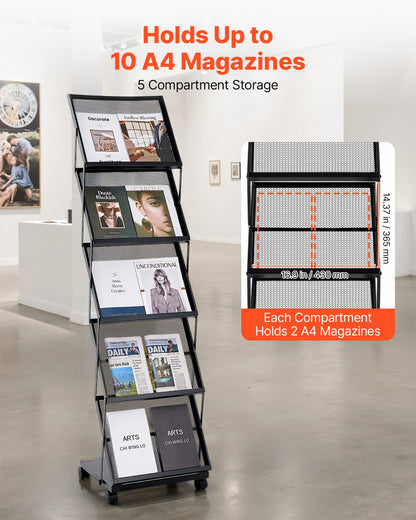 Brochure Display Rack, Foldable 5 Pockets Magazine Literature Display Stand, Movable Floor Standing Magazine Rack with Wheels, Metal Newspaper Catalog Holders for Shop Exhibitions Office Show