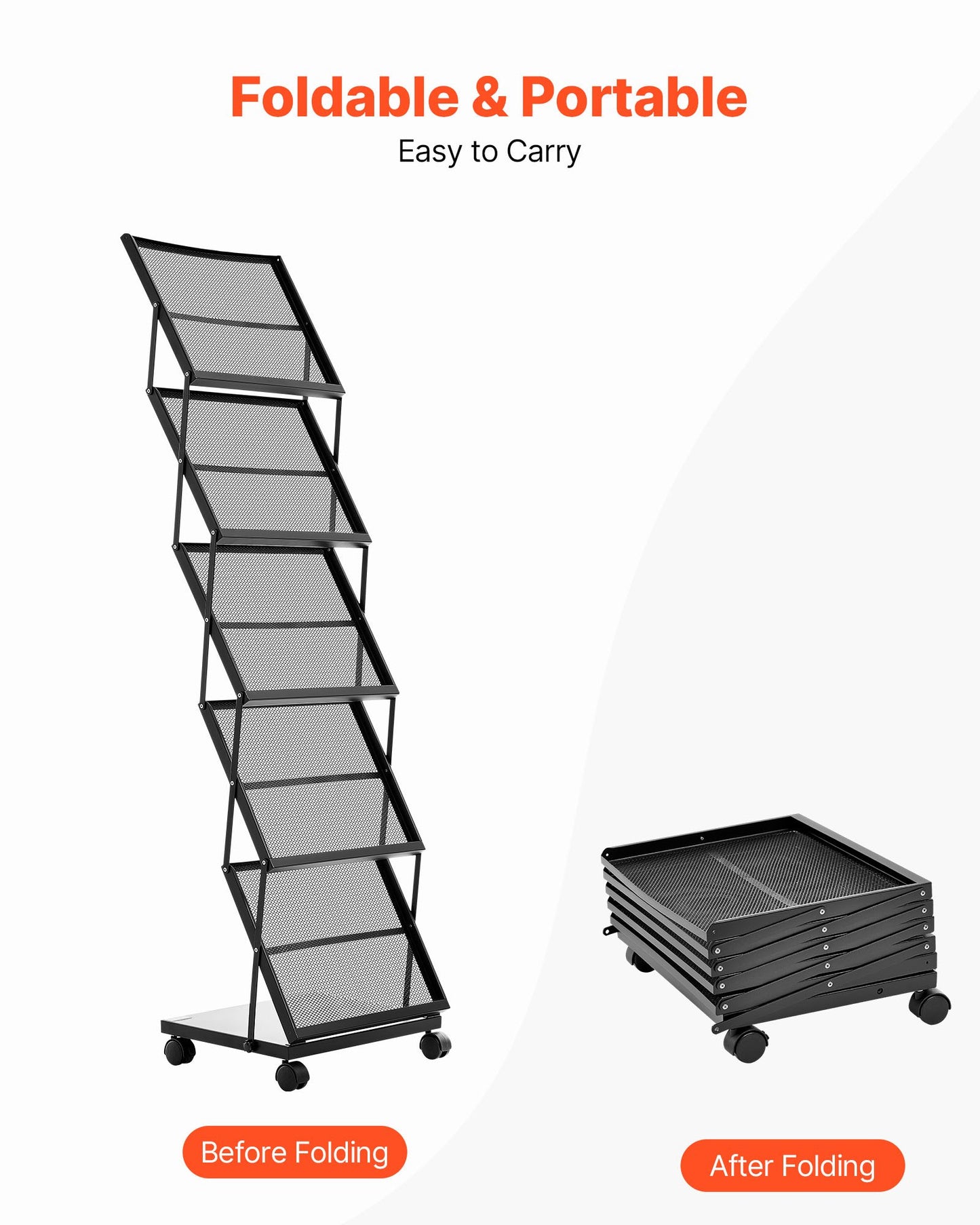 Brochure Display Rack, Foldable 5 Pockets Magazine Literature Display Stand, Movable Floor Standing Magazine Rack with Wheels, Metal Newspaper Catalog Holders for Shop Exhibitions Office Show