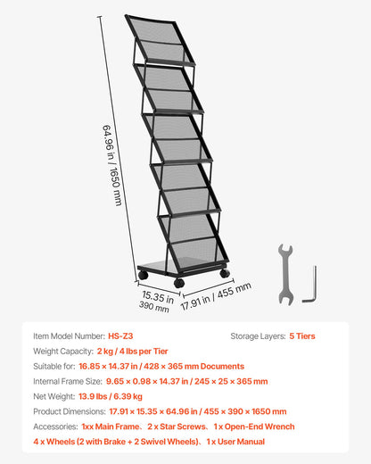 Brochure Display Rack, Foldable 5 Pockets Magazine Literature Display Stand, Movable Floor Standing Magazine Rack with Wheels, Metal Newspaper Catalog Holders for Shop Exhibitions Office Show