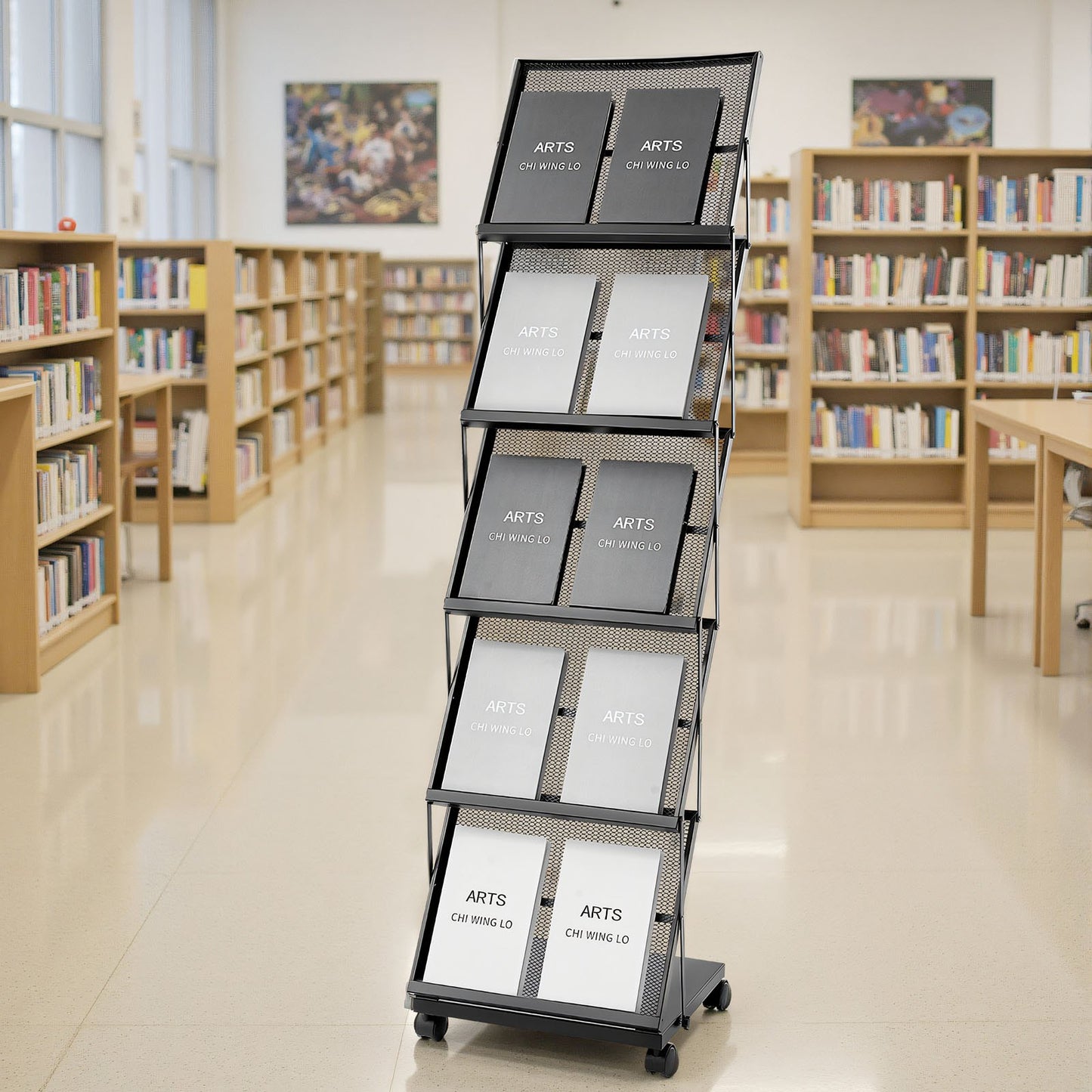 Brochure Display Rack, Foldable 5 Pockets Magazine Literature Display Stand, Movable Floor Standing Magazine Rack with Wheels, Metal Newspaper Catalog Holders for Shop Exhibitions Office Show