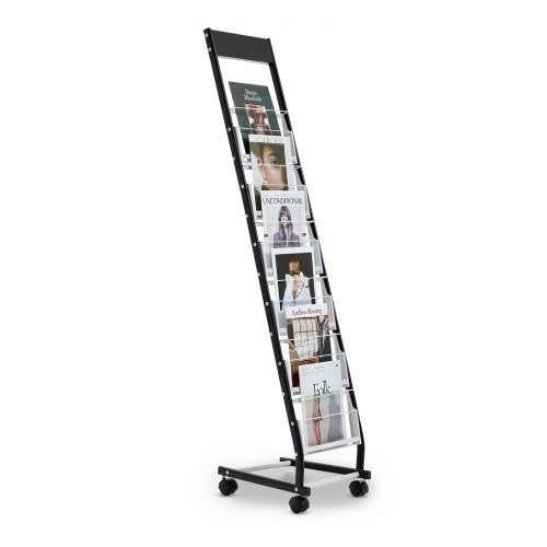 Brochure Display Rack, Narrow 6-Tier Magazine Literature Display Stand with Wheels, Metal Floor Standing Magazine Rack, Movable Newspaper Catalog Holders for Shop Exhibitions Office (6 Pockets)
