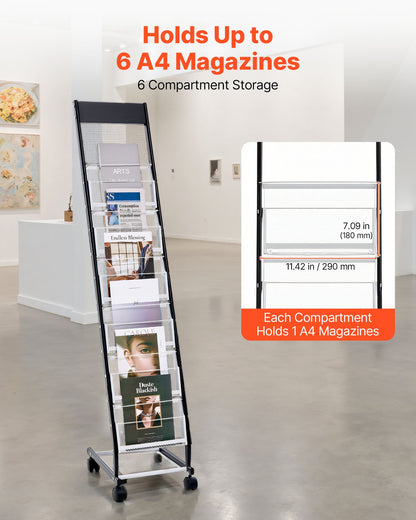 Brochure Display Rack, Narrow 6-Tier Magazine Literature Display Stand with Wheels, Metal Floor Standing Magazine Rack, Movable Newspaper Catalog Holders for Shop Exhibitions Office (6 Pockets)