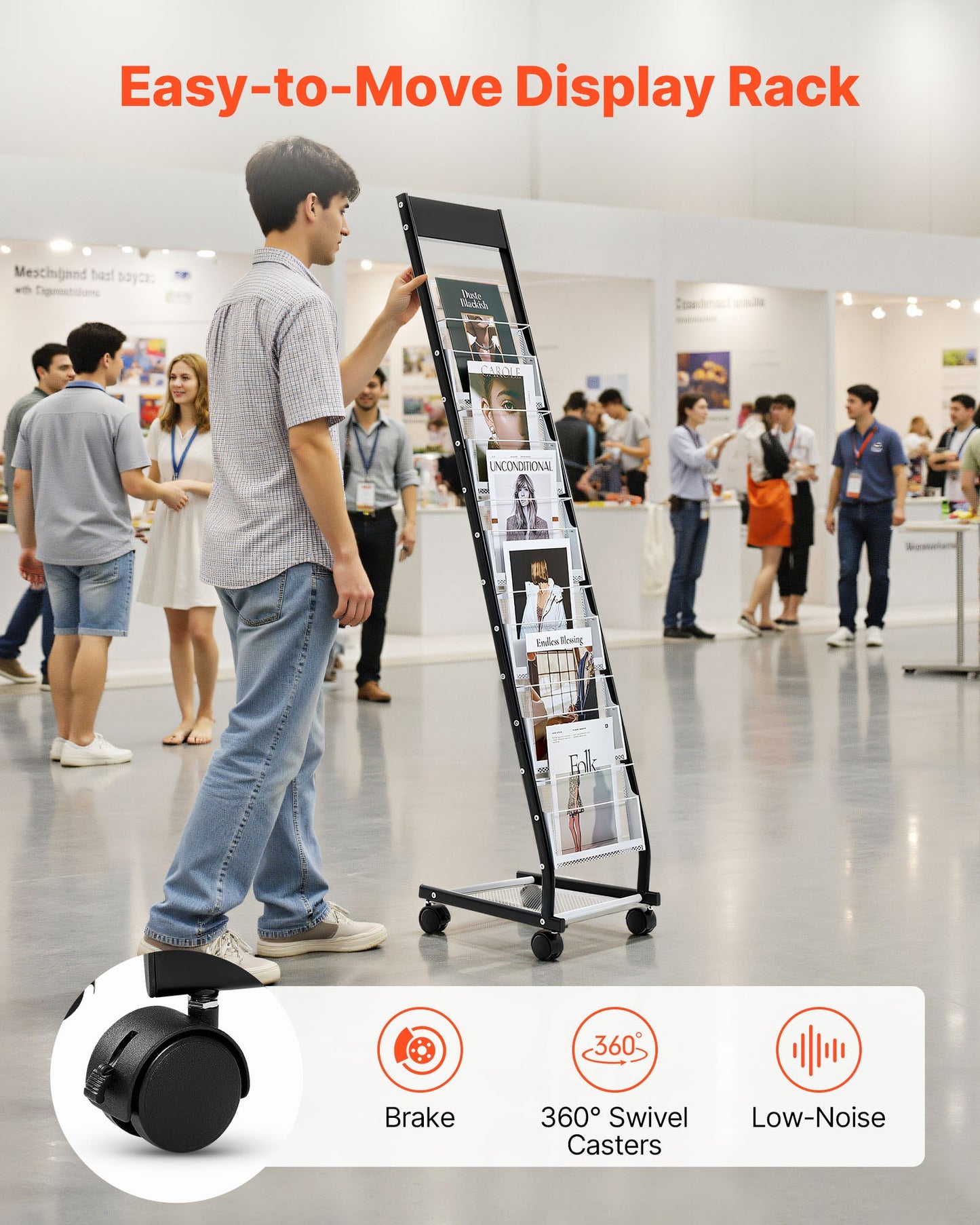 Brochure Display Rack, Narrow 6-Tier Magazine Literature Display Stand with Wheels, Metal Floor Standing Magazine Rack, Movable Newspaper Catalog Holders for Shop Exhibitions Office (6 Pockets)