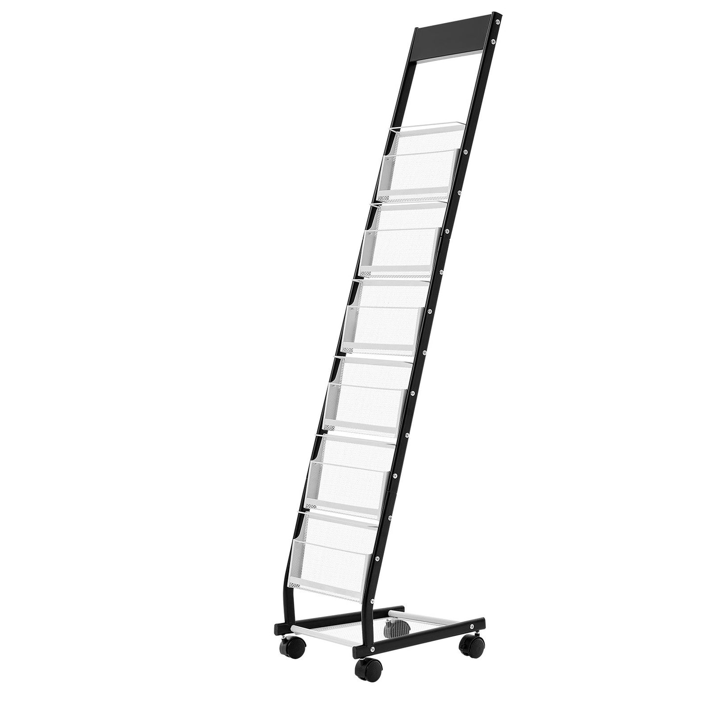 Brochure Display Rack, Narrow 6-Tier Magazine Literature Display Stand with Wheels, Metal Floor Standing Magazine Rack, Movable Newspaper Catalog Holders for Shop Exhibitions Office (6 Pockets)