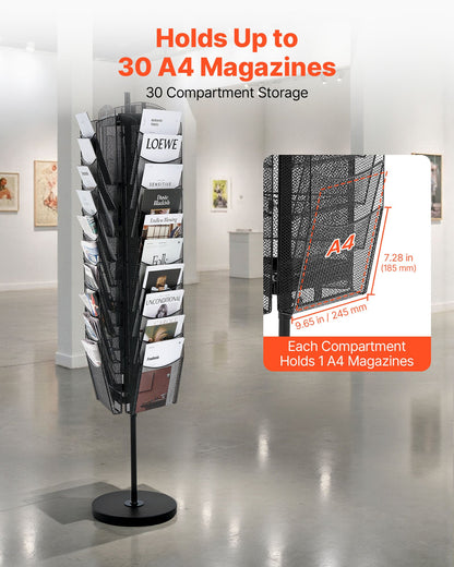 Rotating Brochure Display Rack, 30 Pockets Mesh Magazine Literature Display Stand, Portable Floor Standing Magazine Rack, Metal Newspaper Catalog Holders for Shop Exhibitions Office Trade Show