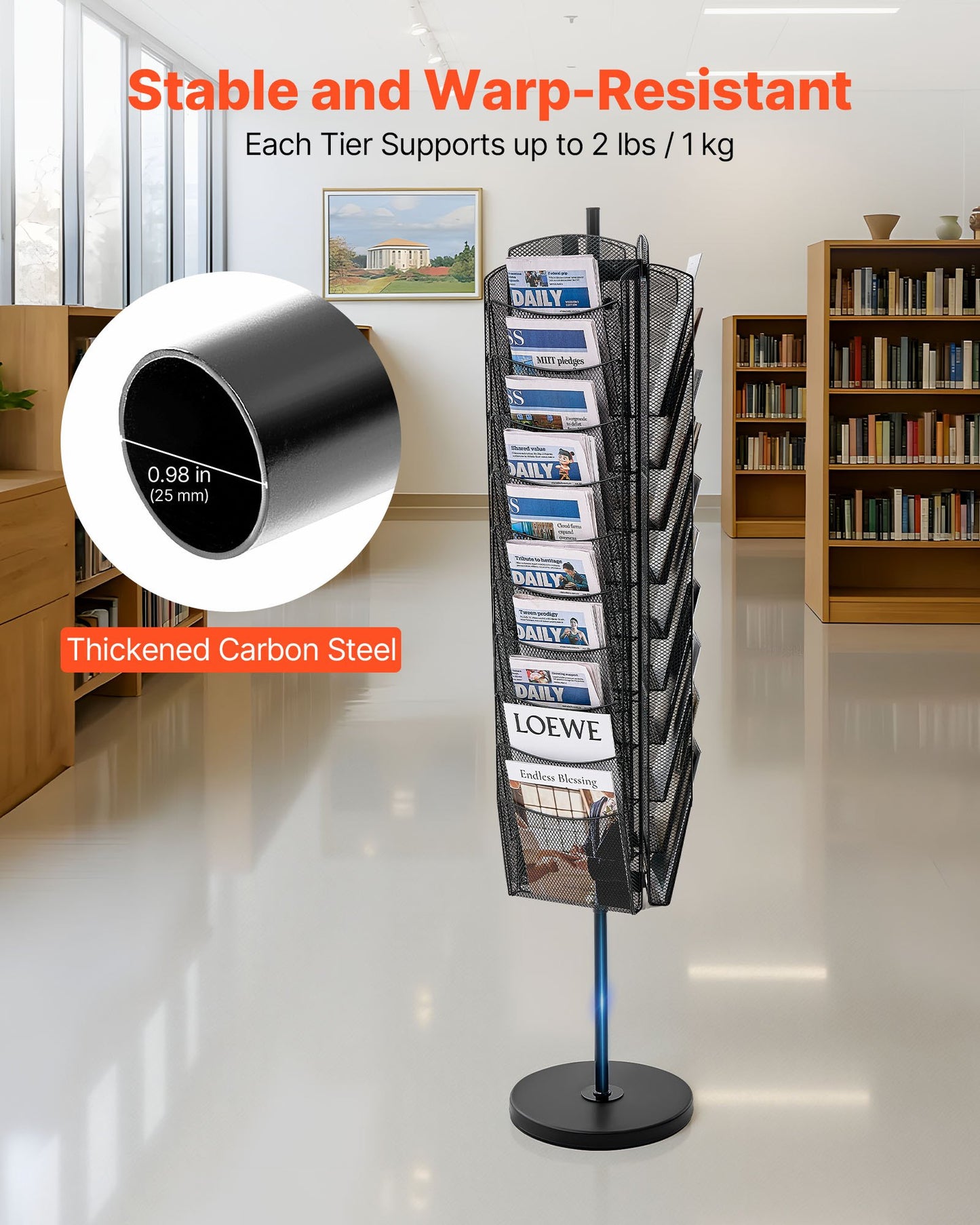 Rotating Brochure Display Rack, 30 Pockets Mesh Magazine Literature Display Stand, Portable Floor Standing Magazine Rack, Metal Newspaper Catalog Holders for Shop Exhibitions Office Trade Show