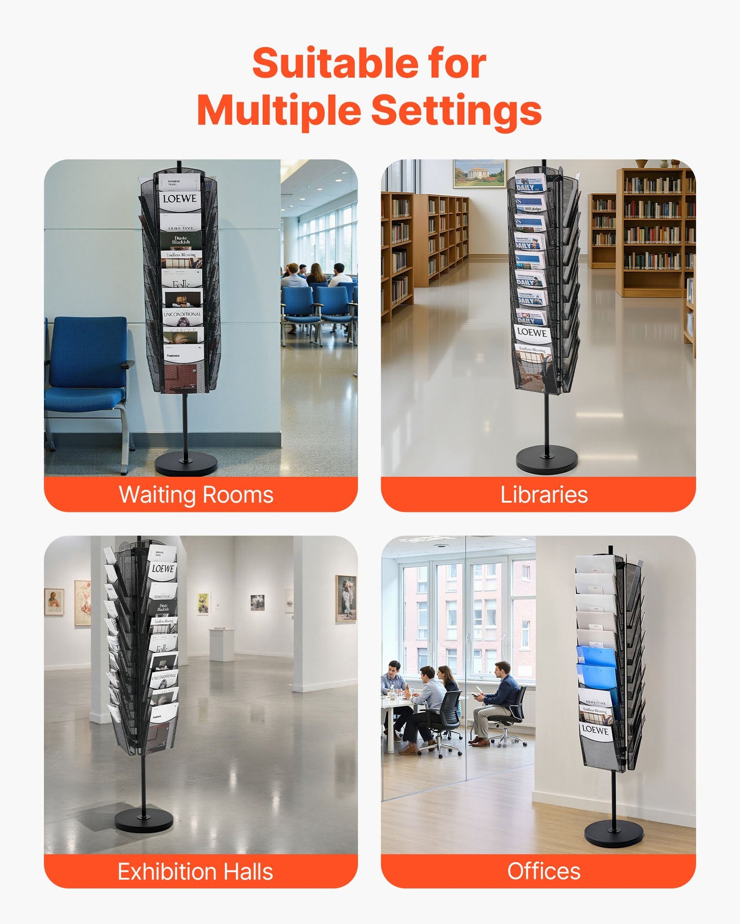 Rotating Brochure Display Rack, 30 Pockets Mesh Magazine Literature Display Stand, Portable Floor Standing Magazine Rack, Metal Newspaper Catalog Holders for Shop Exhibitions Office Trade Show
