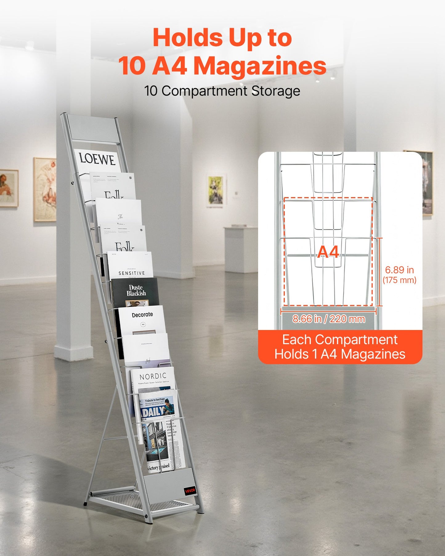 Brochure Display Rack, 10 Pockets Magazine Literature Display Stand, Portable Floor Standing Magazine Rack, Metal Newspaper Catalog Holders for Shop, Exhibitions, Office, Trade Show, Silver