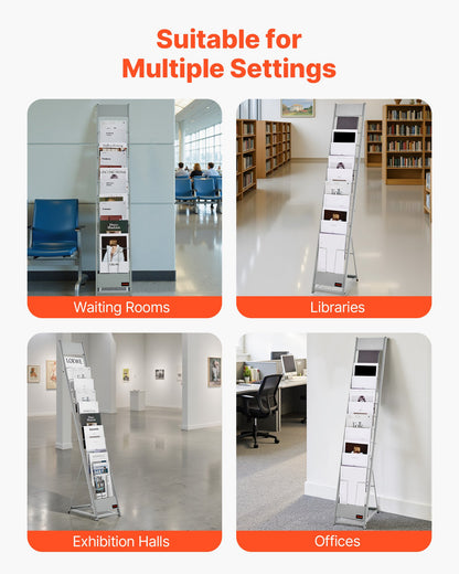 Brochure Display Rack, 10 Pockets Magazine Literature Display Stand, Portable Floor Standing Magazine Rack, Metal Newspaper Catalog Holders for Shop, Exhibitions, Office, Trade Show, Silver