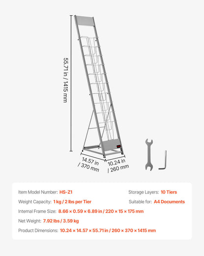 Brochure Display Rack, 10 Pockets Magazine Literature Display Stand, Portable Floor Standing Magazine Rack, Metal Newspaper Catalog Holders for Shop, Exhibitions, Office, Trade Show, Silver