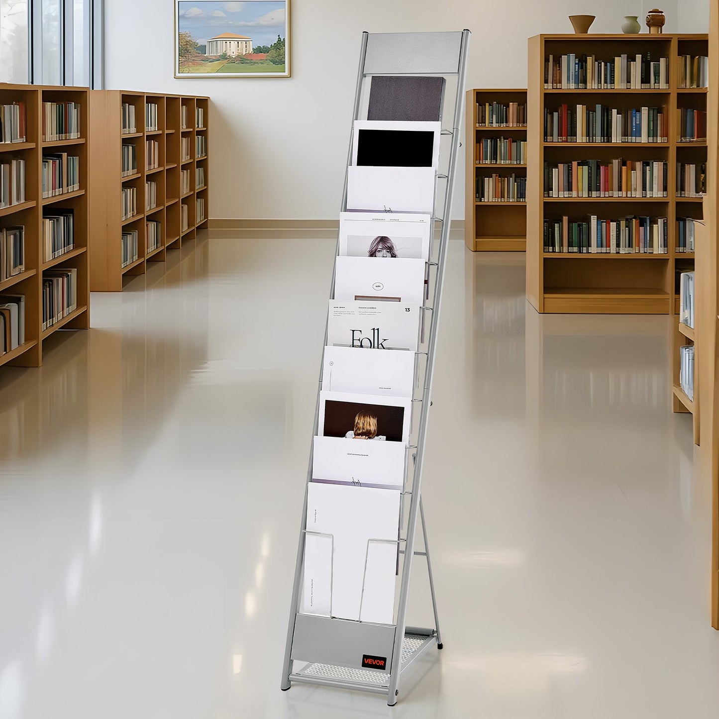 Brochure Display Rack, 10 Pockets Magazine Literature Display Stand, Portable Floor Standing Magazine Rack, Metal Newspaper Catalog Holders for Shop, Exhibitions, Office, Trade Show, Silver
