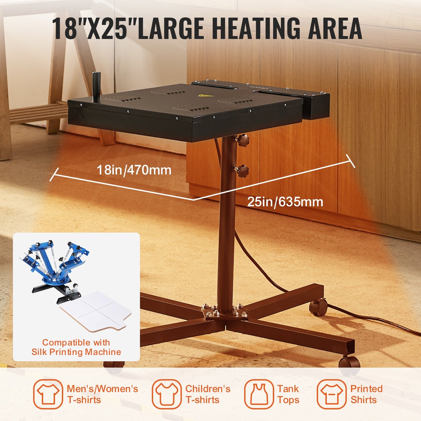 Flash-tork, 18 x 25 tums flash-tork för screentryck, 0-750℉ temperaturkontroll, högpresterande silkscreen-tork med höjdjusterbart stativ, 360° rotation, T-shirthärdningsmaskin