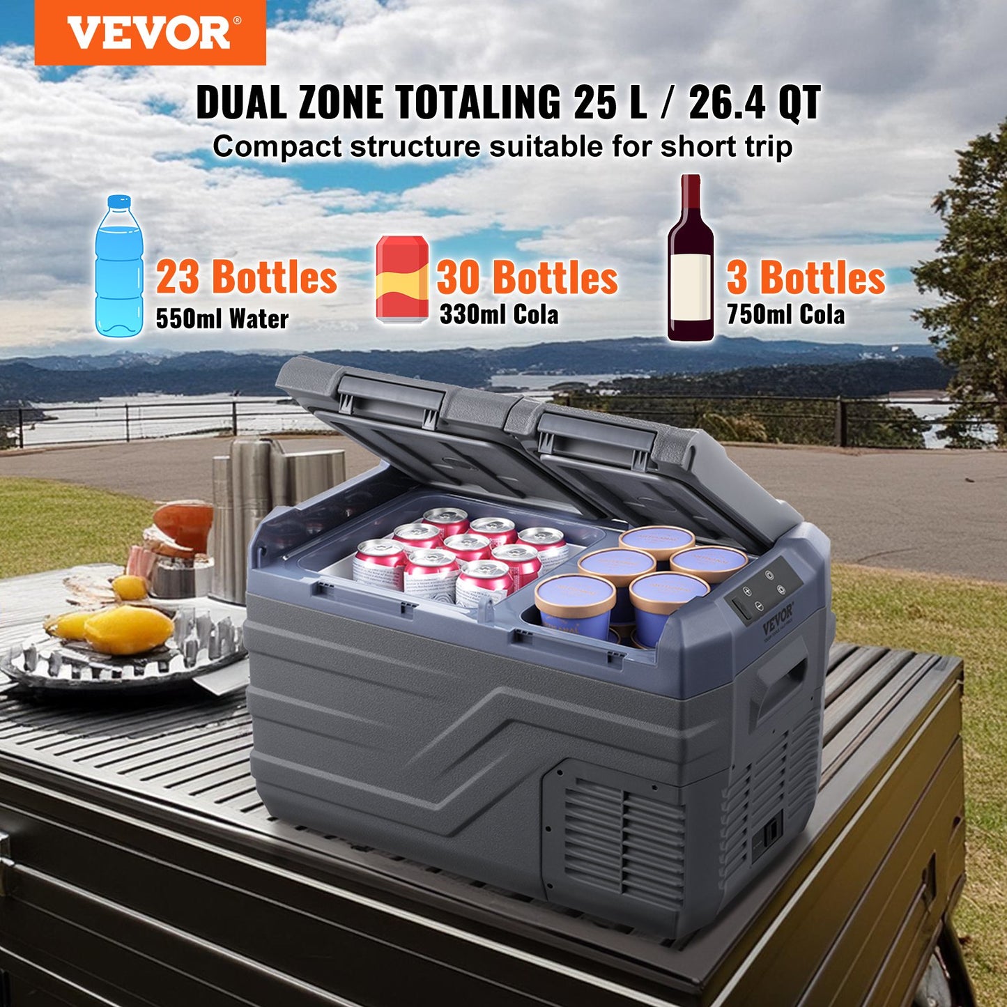 Car Refrigerator, 12 Volt Car Refrigerator Fridge, 25 L Dual Zone Portable Freezer, -4℉-68℉ Adjustable Range, 12/24V DC and 100-240V AC Compressor Cooler for Outdoor, Camping, RV