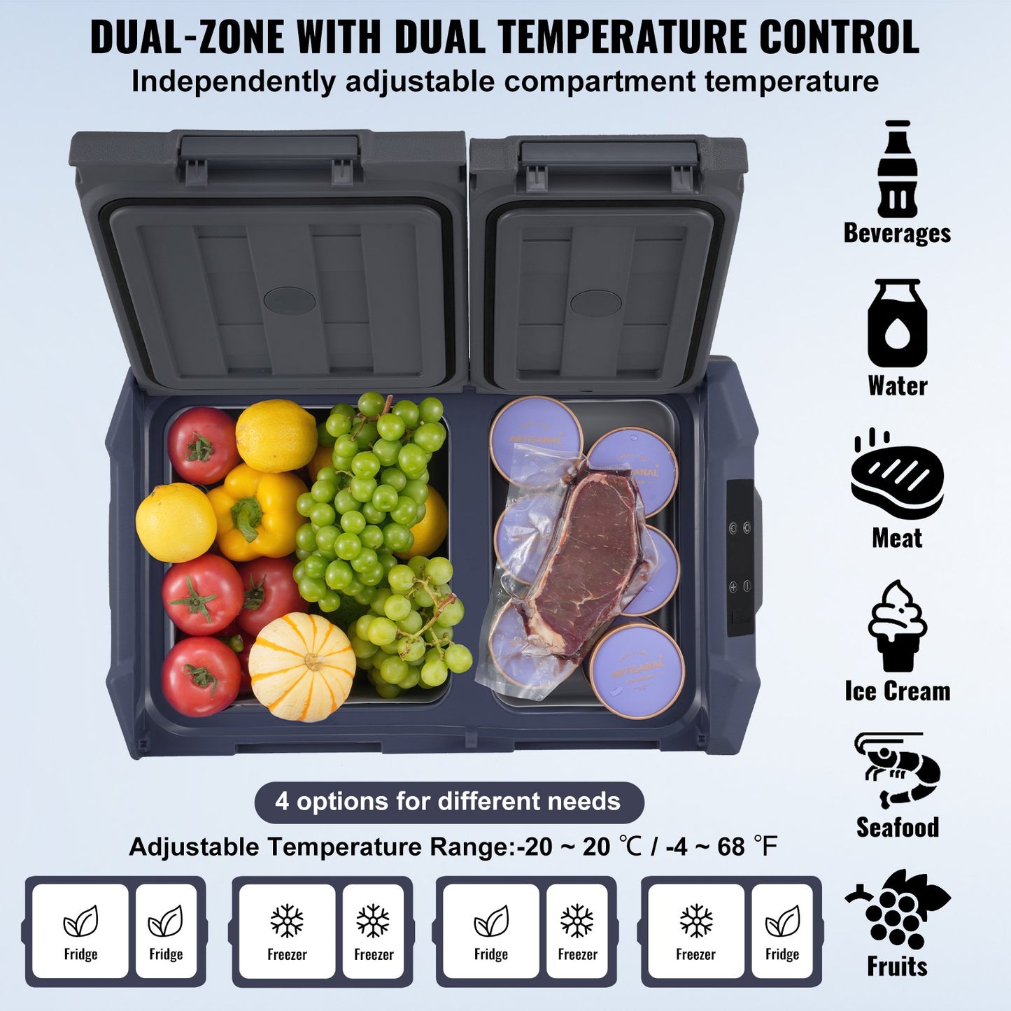 Car Refrigerator, 12 Volt Car Refrigerator Fridge, 25 L Dual Zone Portable Freezer, -4℉-68℉ Adjustable Range, 12/24V DC and 100-240V AC Compressor Cooler for Outdoor, Camping, RV