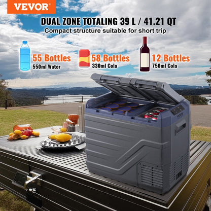 Car Refrigerator, 39 L Dual Zone Portable Freezer, 12 Volt Car Refrigerator Fridge, -4℉-68℉ Adjustable Range, 12/24V DC and 100-240V AC Compressor Cooler for Outdoor, Camping, RV