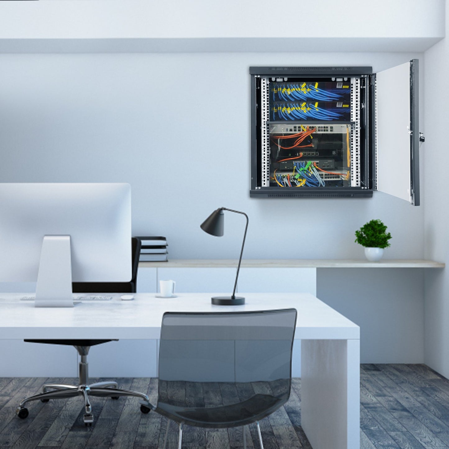 9U väggmonterat nätverksserverskåp, 60x45x50cm, 39,4 cm djup, serverrackskåp, 90,7 kg max. markmonterad lastkapacitet, med låsbara glasdörrssidopaneler, för IT-utrustning, A/V-enheter