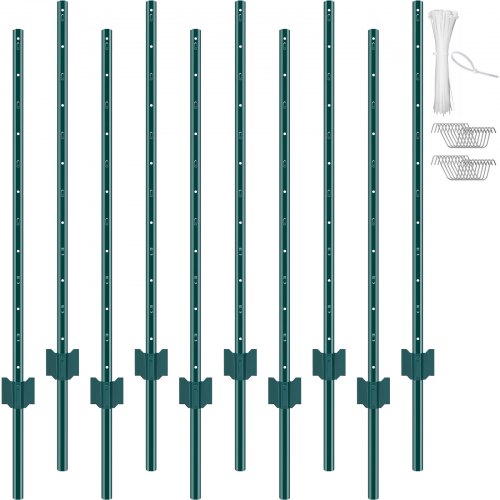 4 Feet Fence Post, 10 Pack U-Channel Heavy Duty Metal Fence Posts, Sturdy Steel Fence Stakes for Garden Yard, Lawn, Farms and Outdoor Wire Fencing, Green