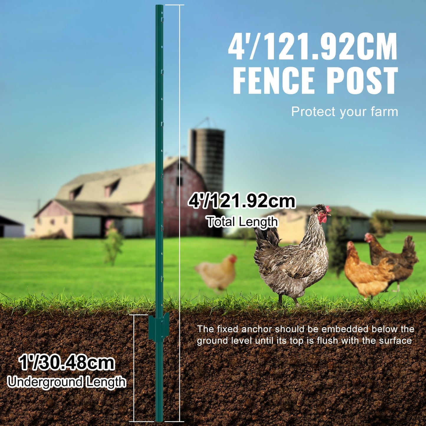 4 Feet Fence Post, 10 Pack U-Channel Heavy Duty Metal Fence Posts, Sturdy Steel Fence Stakes for Garden Yard, Lawn, Farms and Outdoor Wire Fencing, Green