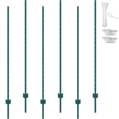 6 Feet Fence Post, 6 Pack U-Channel Heavy Duty Metal Fence Posts, Sturdy Steel Fence Stakes for Garden Yard, Lawn, Farms and Outdoor Wire Fencing, Green