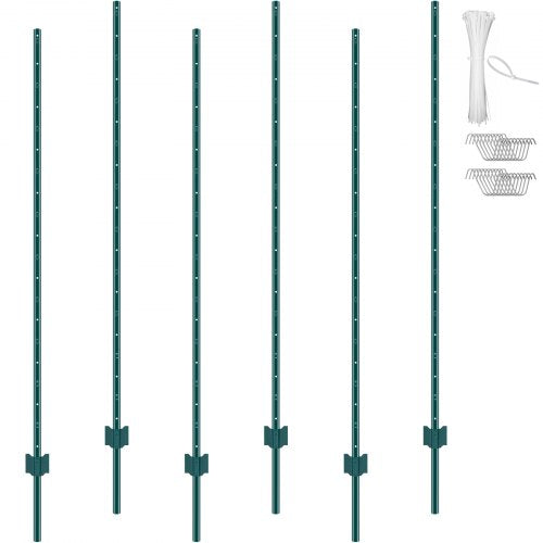 6 Feet Fence Post, 6 Pack U-Channel Heavy Duty Metal Fence Posts, Sturdy Steel Fence Stakes for Garden Yard, Lawn, Farms and Outdoor Wire Fencing, Green