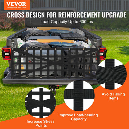 Tailgate Net, 54 in x 18 in, Heavy Duty Cargo Net for Truck Bed with 4 Adjustable Telescopic Straps, Cross-reinforced Design, Extendable & Durable, Suitable for Pickup, Truck, Trailer, Jeep, SUV