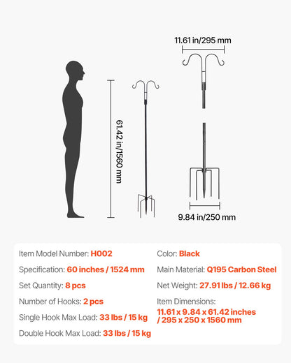 Dubbla Shepherds-krokar för utomhusbruk, 8-pack 1560 mm kraftig fågelmatarstång, 19 mm tjocka trädgårdskrokar för att hänga upp kolibrimatare, växtkorgar, solcellslyktor, vindspel