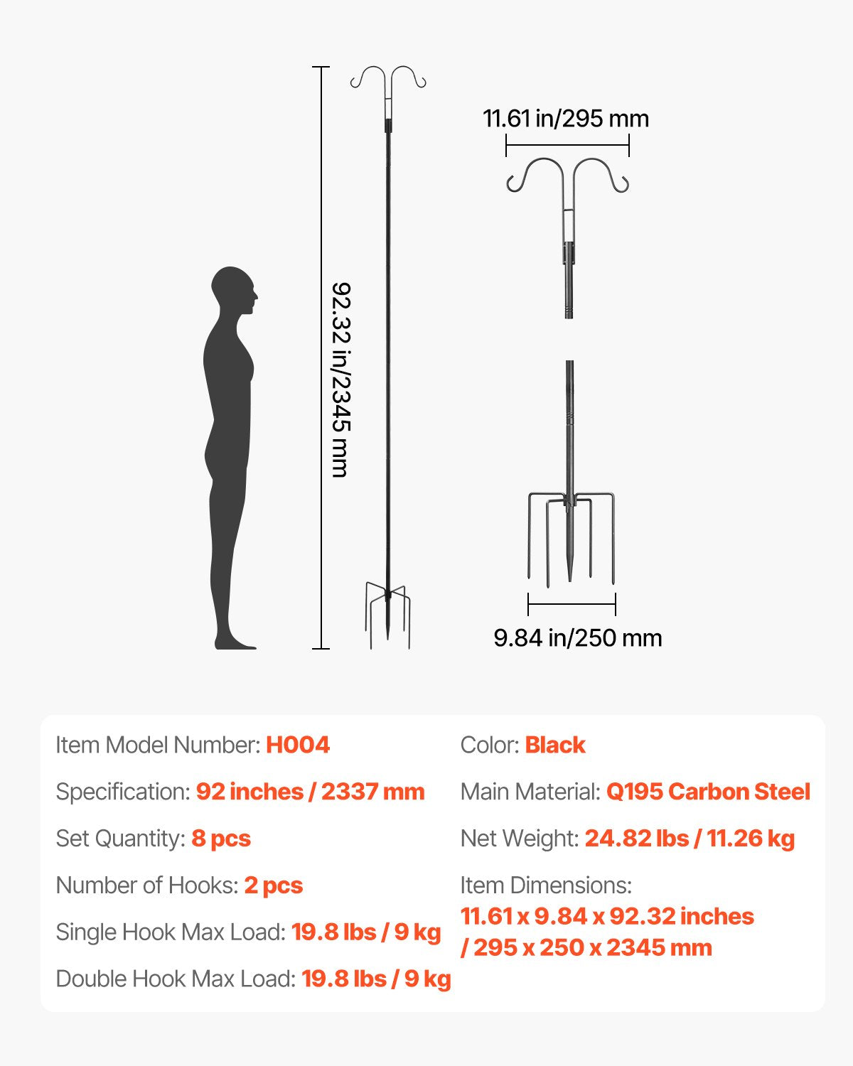 Dubbla Shepherds-krokar för utomhusbruk, 8-pack 2345 mm kraftig fågelmatarstång, 19 mm tjocka trädgårdskrokar för att hänga upp kolibrimatare, växtkorgar, solcellslyktor, vindspel