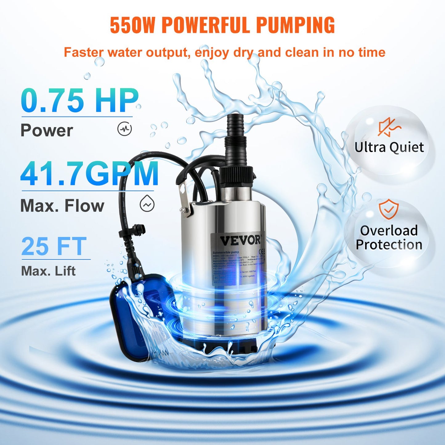 Submersible Water Pump, 550W 9500L/H, with 10 m Cord and Automatic Tethered Float Switch, Portable Stainless Steel for Clean, Empty Flooded Area, Swimming Pools, Hot Tubs, for Irrigation