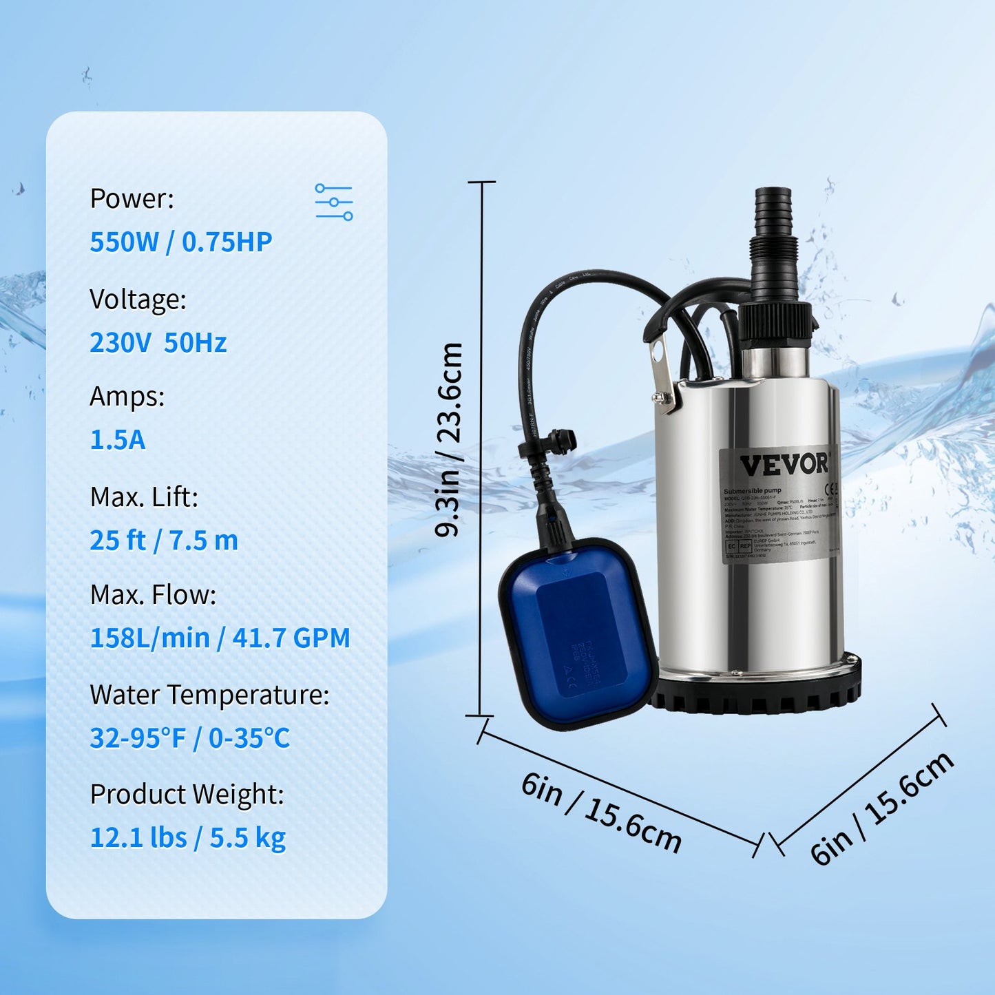 Submersible Water Pump, 550W 9500L/H, with 10 m Cord and Automatic Tethered Float Switch, Portable Stainless Steel for Clean, Empty Flooded Area, Swimming Pools, Hot Tubs, for Irrigation