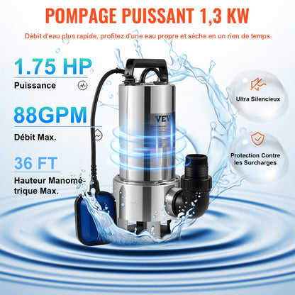 Submersible Water Pump, 1300W 20000L/H, with 10 m Cord and Automatic Tethered Float Switch, Stainless Steel and Cast Iron for Dirty or Clean, Empty Garden Ponds, Swimming Pools, Hot Tubs