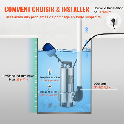 Submersible Water Pump, 1300W 20000L/H, with 10 m Cord and Automatic Tethered Float Switch, Stainless Steel and Cast Iron for Dirty or Clean, Empty Garden Ponds, Swimming Pools, Hot Tubs