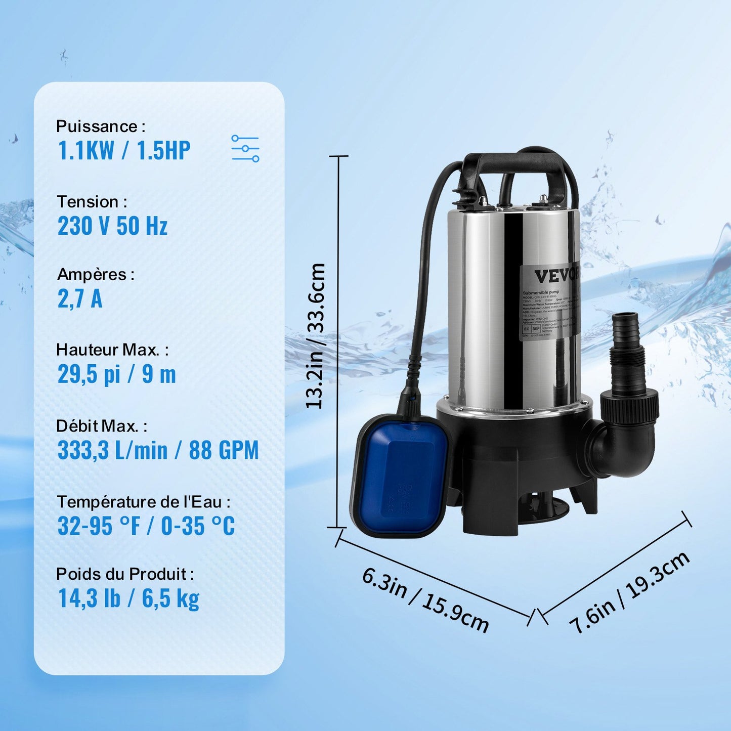 Submersible Water Pump, 1100W 20000L/H, with 10 m Cord and Automatic Tethered Float Switch, Portable Stainless Steel for Dirty or Clean, Drain Floods, Empty Garden Ponds, Swimming Pools, Hot Tub