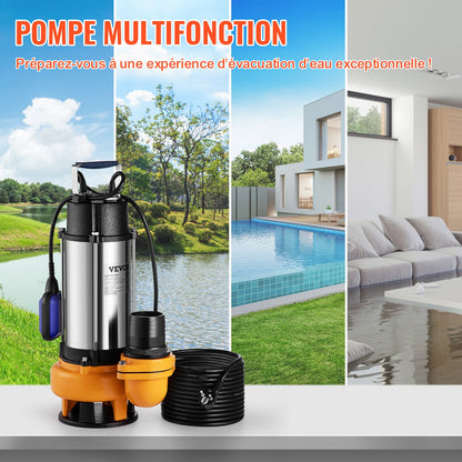 Submersible Water Pump, 2200W 60000L/H, with 10 m Cord and Automatic Tethered Float Switch, Portable Stainless Steel for Dirty or Clean, Drain Floods, Empty Garden Ponds, Swimming Pools, Hot Tub